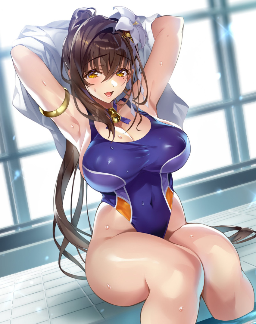 1girl armlet armpits arms_up bangs bell bell_choker breasts brown_hair choker cleavage commentary_request covered_navel covered_nipples dutch_angle eyebrows_visible_through_hair flower gan_(shanimuni) hair_between_eyes hair_flower hair_ornament highleg highleg_swimsuit highres indoors jingle_bell kanpani_girls large_breasts long_hair looking_at_viewer mole mole_under_eye open_mouth ponytail poolside ribbon_choker shiny shiny_clothes shiny_hair shiny_skin shirayuri_sakura single_sidelock sitting smile soaking_feet solo swimsuit very_long_hair wet yellow_eyes