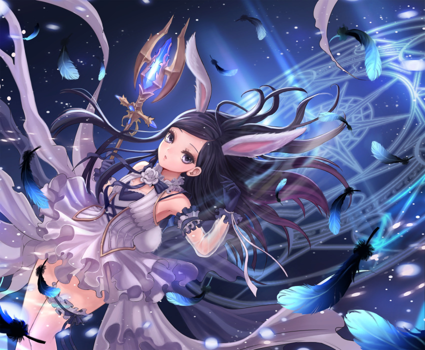 1girl animal_ears arm_up armpits black_feathers black_gloves black_hair bunny_tail crystal detached_sleeves dress elin_(tera) feathers garters gloves glowing highres ji-hyun_ro long_hair magic_circle official_art rabbit_ears see-through see-through_sleeves short_dress solo staff tail tera_online violet_eyes weapon white_dress wind wind_lift