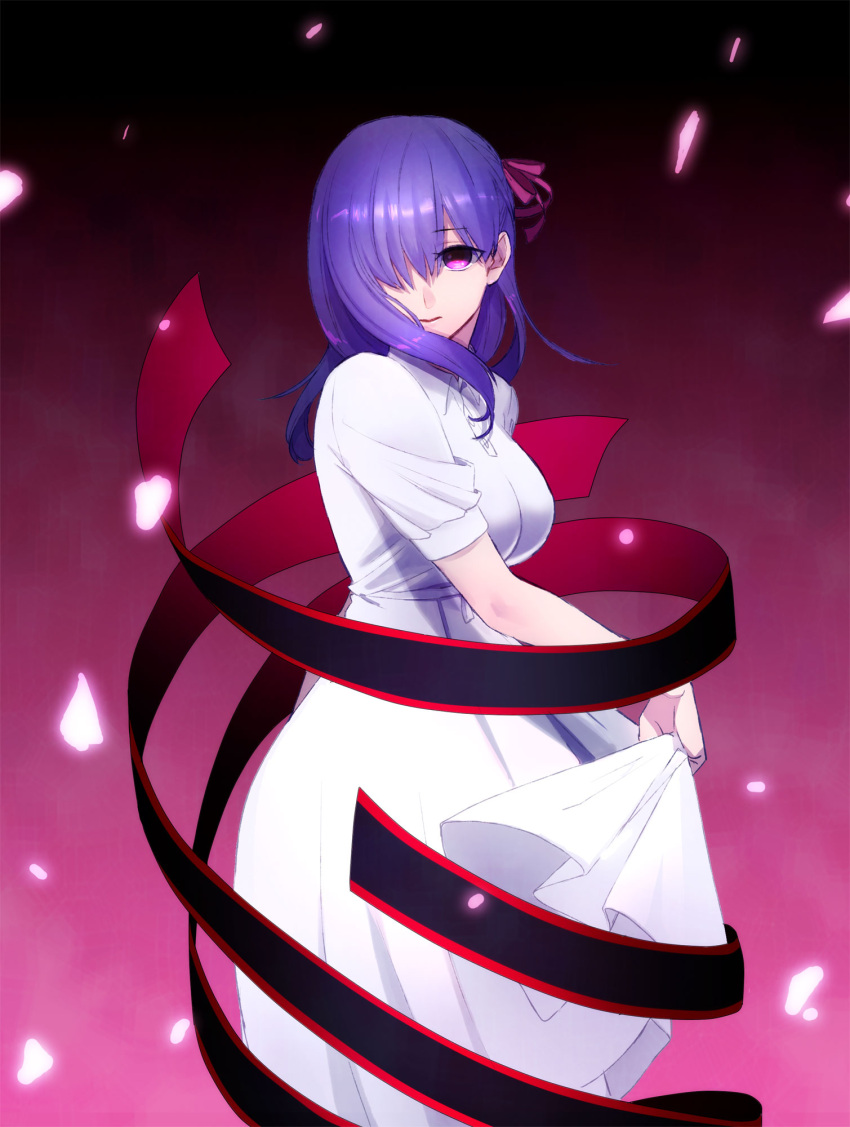 1girl black_ribbon collared_dress dress fate/stay_night fate_(series) gradient gradient_background hair_over_one_eye hair_ribbon highres long_dress long_hair looking_at_viewer matou_sakura musco purple_background purple_hair purple_ribbon rei_no_himo ribbon shiny shiny_hair skirt_hold smile solo standing violet_eyes white_dress white_ribbon wing_collar
