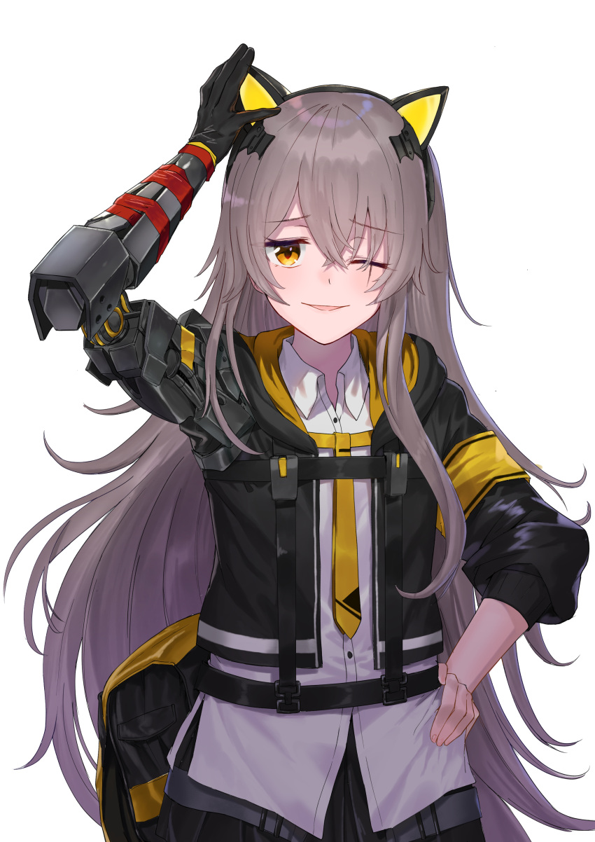 1girl absurdres animal_ears axent_wear bag bangs black_gloves black_jacket black_skirt brown_eyes buttons cat_ear_headphones collared_shirt fake_animal_ears girls_frontline gloves grey_hair hair_between_eyes hand_on_hip hand_up headphones highres hood hood_down hooded_jacket jacket jjeono long_hair looking_at_viewer mechanical_arm one_eye_closed parted_lips pleated_skirt red_ribbon ribbon scar scar_across_eye shirt simple_background single_glove skirt smile solo ump45_(girls_frontline) upper_body very_long_hair white_background white_shirt