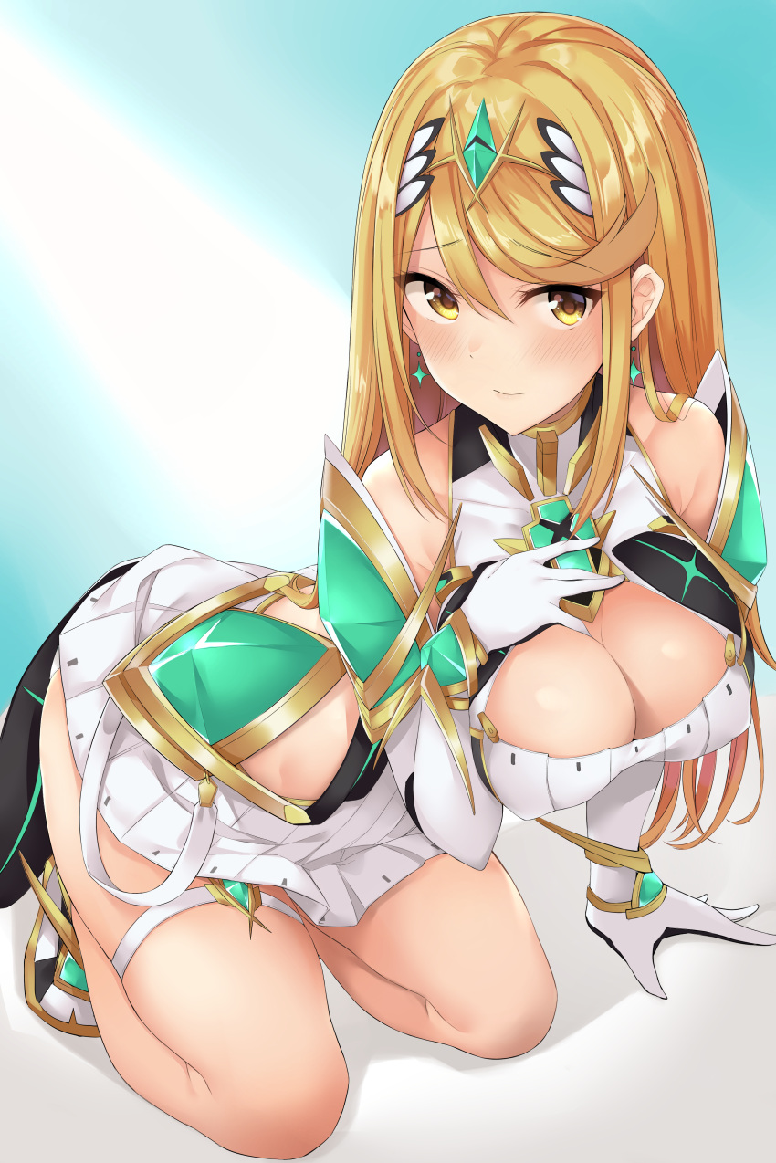 1girl absurdres armor bangs blonde_hair blush breasts chest_jewel cleavage cleavage_cutout dress earrings elbow_gloves fingerless_gloves fingernails gem gloves headpiece highres mythra_(xenoblade) jewelry kneeling large_breasts long_hair nintendo on_bed shoulder_armor solo swept_bangs tetora_(yumejihuka) thigh_strap thighs tiara very_long_hair white_dress xenoblade xenoblade_(series) xenoblade_2 yellow_eyes