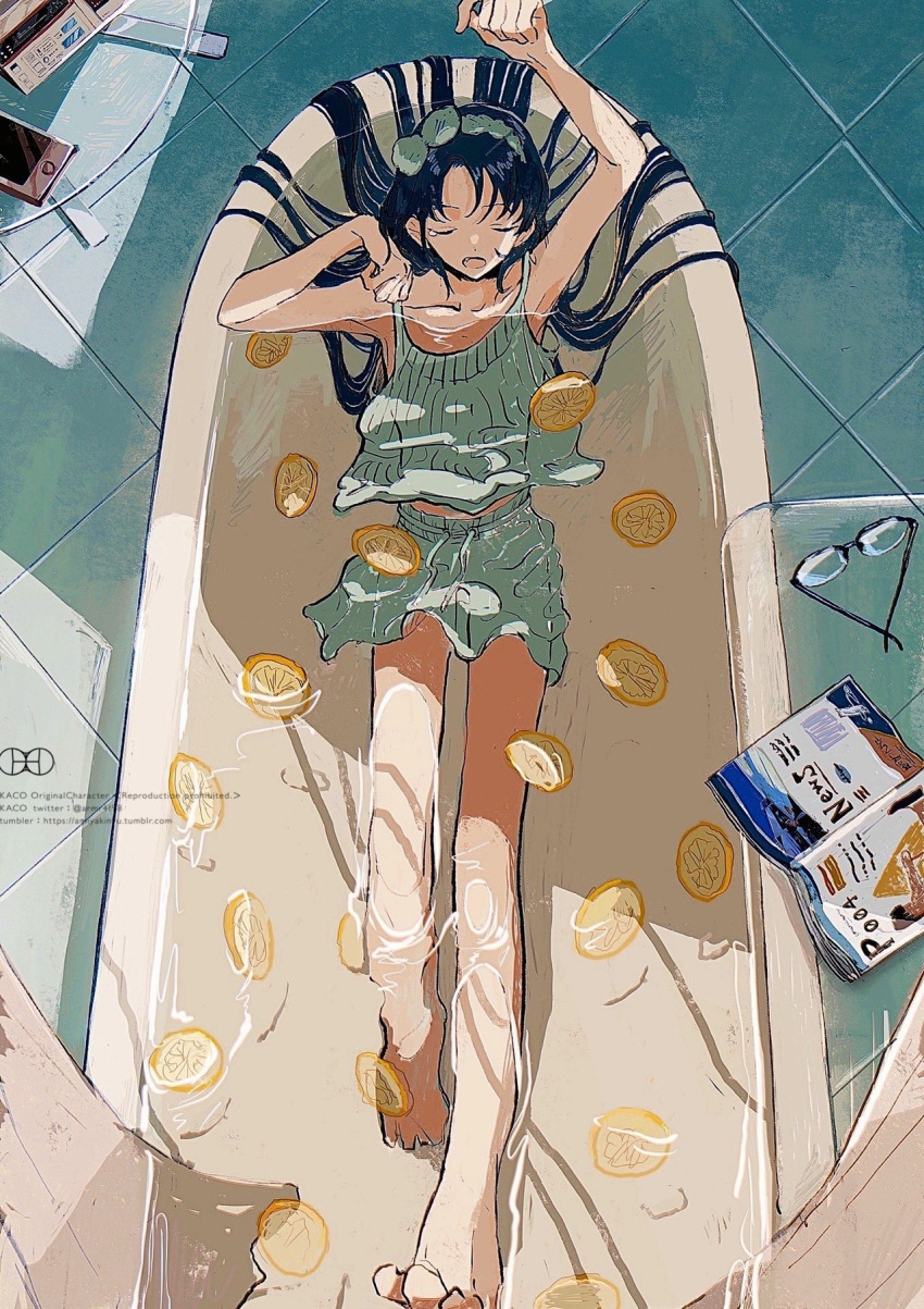 1girl amiyakinyu arm_up bangs bare_legs barefoot bathtub black_hair cellphone closed_eyes clothed_bath drawstring from_above glasses highres long_hair open_mouth original phone plate sleeveless solo tank_top