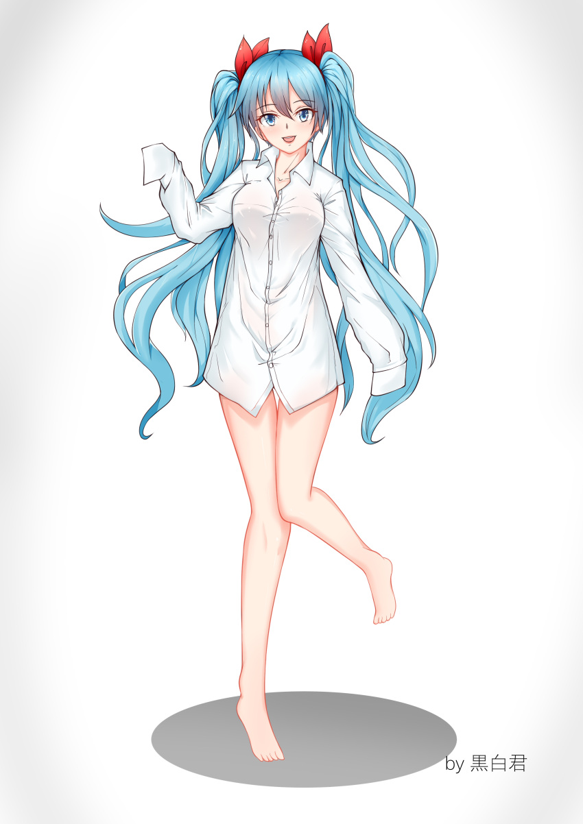 1girl :d absurdres artist_name barefoot blue_eyes blue_hair bow collarbone collared_shirt dress_shirt eyebrows_visible_through_hair floating_hair hair_between_eyes hair_bow hatsune_miku highres leg_up long_hair looking_at_viewer naked_shirt open_mouth red_bow shirt simple_background sleeves_past_fingers sleeves_past_wrists smile standing standing_on_one_leg very_long_hair vocaloid white_background white_shirt wing_collar xasyyy