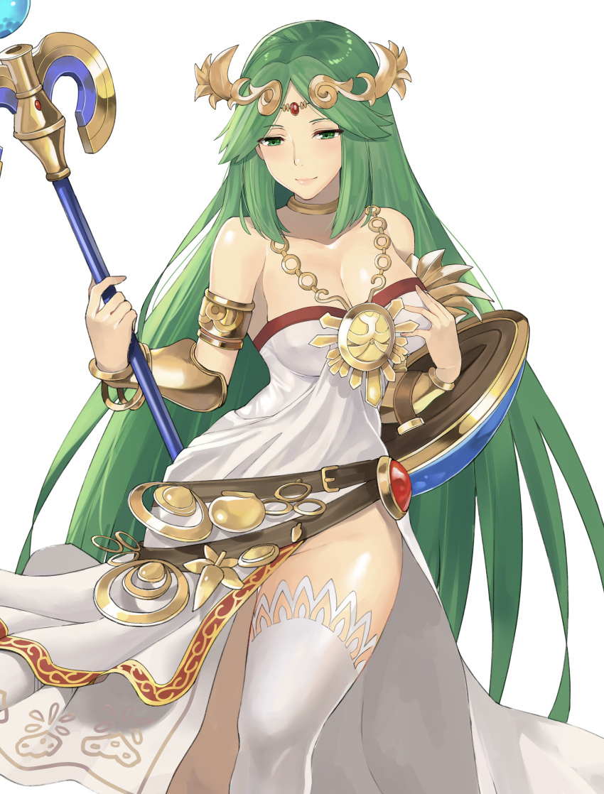 1girl absurdres armlet bangle bare_shoulders blush bracelet breasts choker cleavage closed_mouth dress gem goddess green_eyes green_hair half-closed_eyes hands_up happy highres holding holding_staff j@ck jewelry kid_icarus kid_icarus_uprising large_breasts light_smile lips long_hair looking_down necklace nintendo no_panties paid_reward palutena patreon_reward shield shiny shiny_hair shiny_skin side_slit simple_background single_thighhigh smile solo staff standing strapless strapless_dress tareme thigh-highs thighs tiara vambraces very_long_hair white_background white_dress white_legwear yellow_choker