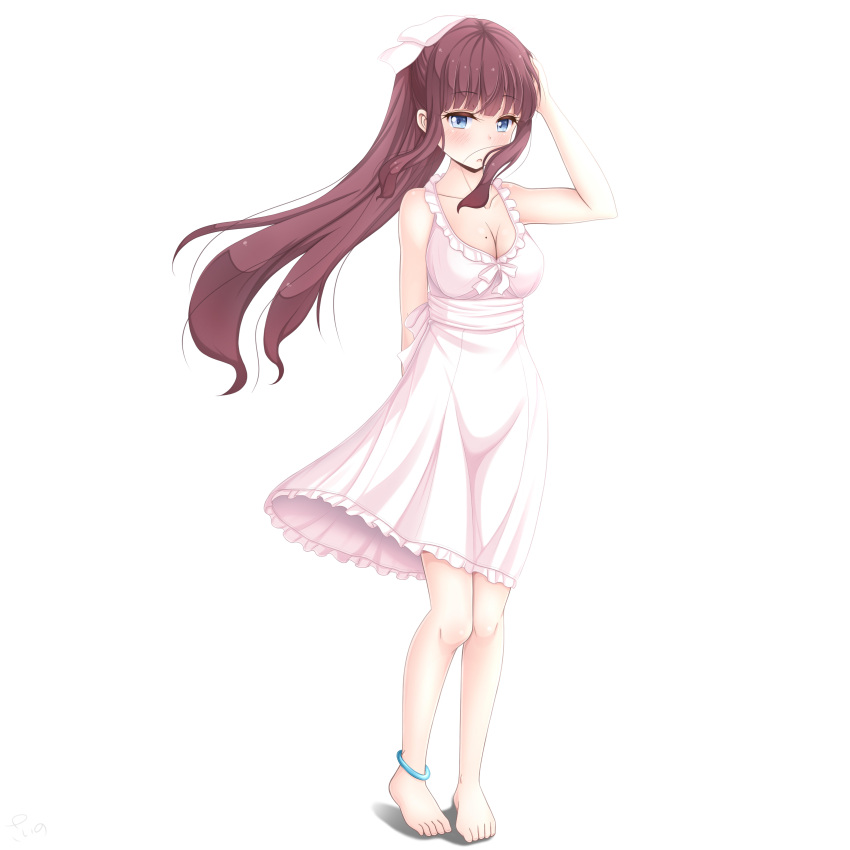 1girl absurdres anklet arm_behind_back bangs barefoot blue_eyes blunt_bangs blush bow breasts brown_hair cleavage collarbone dress floating_hair frilled_dress frills full_body hair_bow hand_on_head highres jewelry long_hair medium_breasts mole mole_on_breast new_game! parted_lips ribbon sainohikari simple_background sleeveless sleeveless_dress solo standing sundress takimoto_hifumi very_long_hair white_background white_bow white_dress white_ribbon