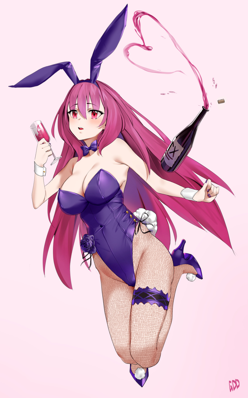 absurdres alcohol animal_ears bow bowtie breasts bunny_girl bunny_tail bunnysuit cleavage commentary_request cork cup detached_collar drinking_glass eyebrows_visible_through_hair fake_animal_ears fate/grand_order fate_(series) fishnet_pantyhose fishnets flower hair_intakes heart high_heels highres large_breasts leg_up legs_together leotard liquid long_hair looking_to_the_side nail_polish open_mouth pantyhose pink_background purple_flower purple_hair purple_nails purple_rose rabbit_ears red_eyes rose scathach_(fate)_(all) scathach_(fate/grand_order) strapless strapless_leotard tail vkejr702 wine wine_glass wrist_cuffs