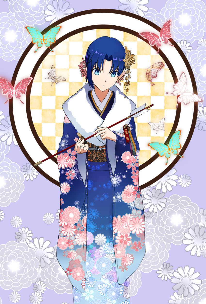 1girl alternate_costume axia-chan blue_eyes blue_hair bug butterfly checkered checkered_background ciel hair_ornament highres insect japanese_clothes kimono obi sash short_hair solo tsukihime wide_sleeves yukata
