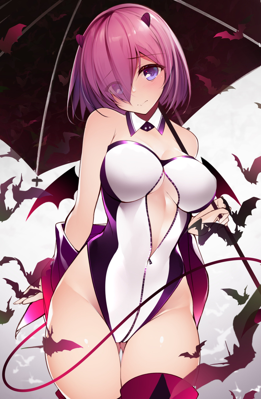 1girl absurdres bangs bare_shoulders bat blush breasts center_opening cleavage closed_mouth demon_tail detached_collar fate/grand_order fate_(series) hair_over_one_eye highres horns large_breasts lavender_hair leotard looking_at_viewer mash_kyrielight netarou off_shoulder short_hair solo tail thighs umbrella violet_eyes white_leotard