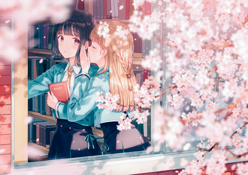 2girls bangs black_hair black_skirt blazer blonde_hair blue_jacket blue_ribbon book bookshelf braid butterfly_hair_ornament cherry_blossoms closed_eyes hair_ornament hand_on_own_cheek hiten_(hitenkei) holding holding_book indoors jacket library long_hair looking_at_another medium_hair multiple_girls necktie open_hand open_mouth open_window orange_neckwear original red_eyes ribbon school_uniform shirt skirt twin_braids whispering white_shirt window