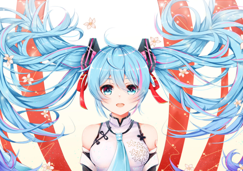 1girl absurdres ahoge bangs bare_shoulders blue_eyes blue_hair blue_neckwear chinese_clothes chinese_commentary commentary_request detached_sleeves dot_nose floating_hair floral_print flower hair_flower hair_ornament hair_ribbon hatsune_miku hatsune_miku_expo highres long_hair looking_at_viewer necktie open_mouth petals red_ribbon ribbon shirt shoulder_tattoo sleeveless sleeveless_shirt smile solo tattoo twintails upper_body very_long_hair vocaloid white_shirt yuri_to_hizakura