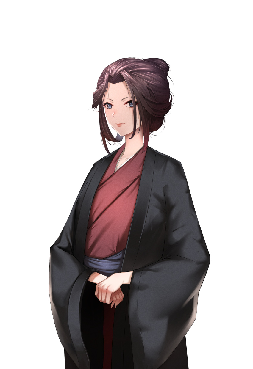 1girl absurdres black_hair blue_eyes closed_mouth collarbone commentary_request cowboy_shot emma_the_gentle_blade hair_bun highres izaac japanese_clothes kimono long_sleeves looking_at_viewer red_kimono sekiro:_shadows_die_twice short_hair simple_background solo white_background wide_sleeves