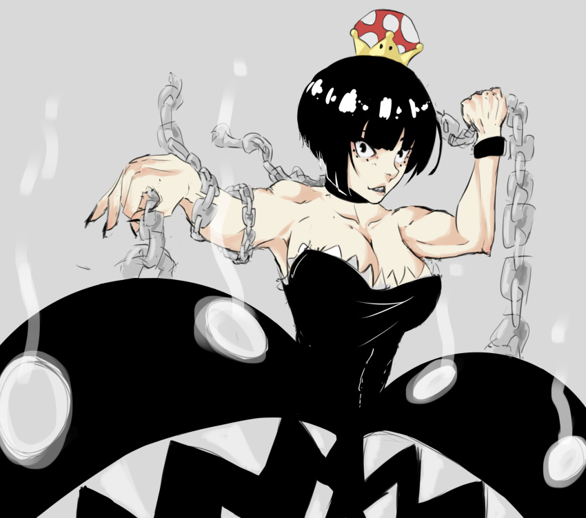 1girl bangs black_dress black_hair black_nails blunt_bangs bob_cut bracelet breasts chain_chomp chains choker clenched_hand dress freckles highres jewelry looking_at_viewer muscle muscular_female nail_polish princess_chain_chomp sharp_teeth sleeveless sleeveless_dress strapless strapless_dress super_crown teeth user_zctz8588