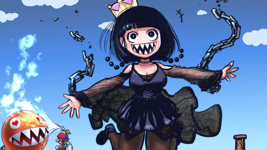 black_dress black_footwear black_hair black_legwear blue_sky bob_cut breasts broken broken_chain chain chain_chomp chains clouds dress f.l.u.d.d. heart heart_eyes highres mario super_mario_bros. murasaki_no_ryuuki nintendo princess_chain_chomp sharp_teeth sky super_crown super_mario_sunshine teeth