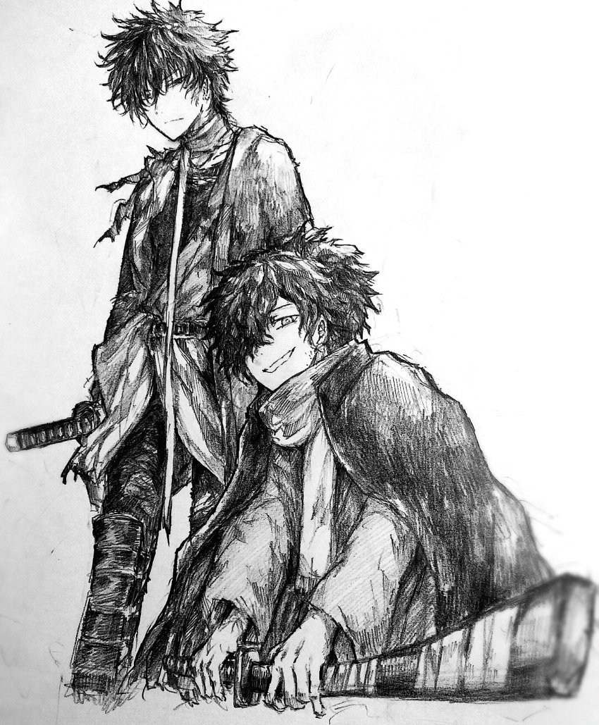 2boys bandage belt coat crossover fate/grand_order fate_(series) foreshortening frown graphite_(medium) highres hizen_tadahiro japanese_clothes katana looking_at_viewer male_focus monochrome multiple_boys okada_izou_(fate) ponytail scarf smile spiky_hair sword torn_clothes touken_ranbu traditional_media wakizashi weapon