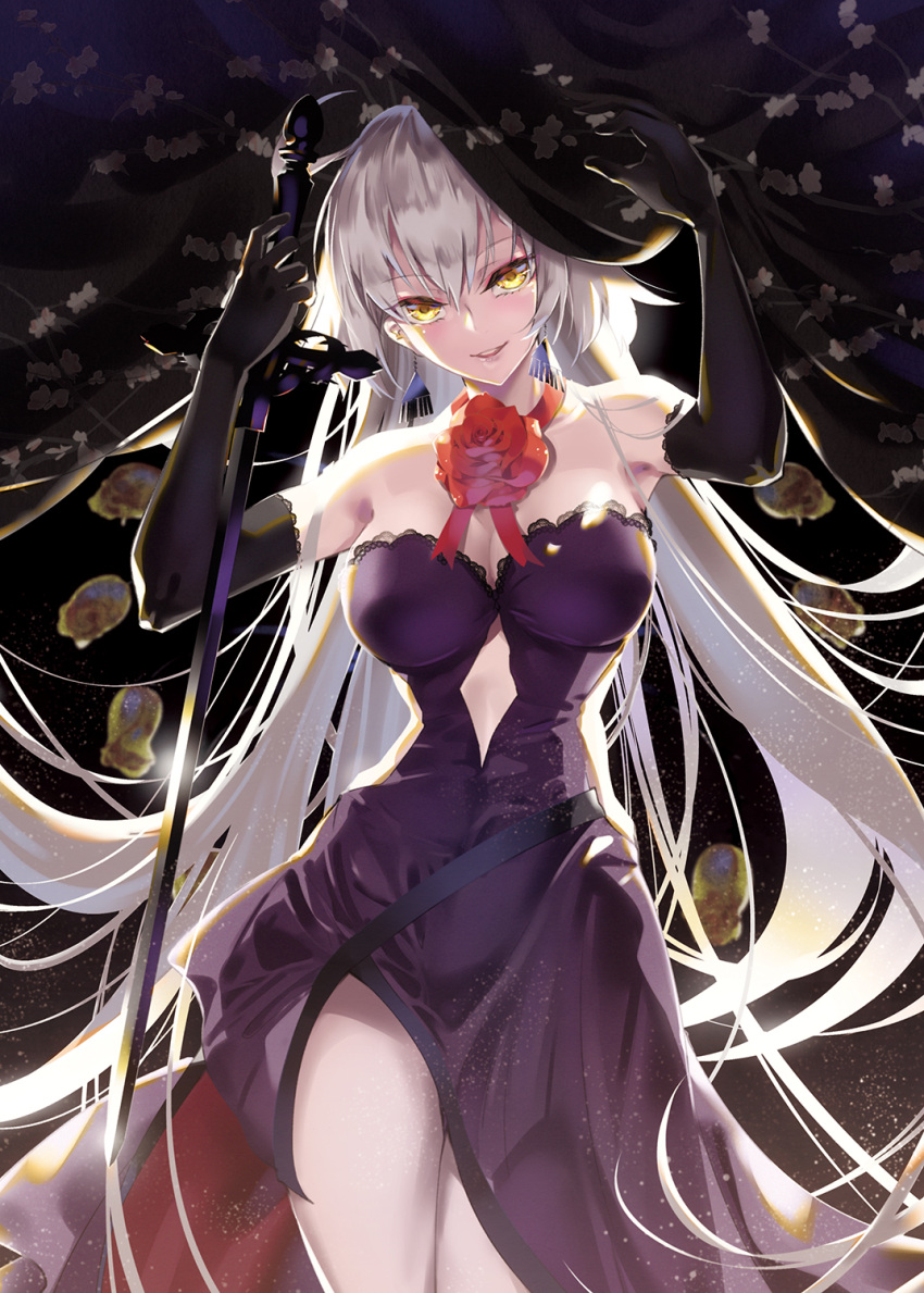 1girl arms_up backlighting bare_shoulders black_gloves commentary_request covered_navel cowboy_shot curtains dress elbow_gloves fate/grand_order fate_(series) flower gloves highres jeanne_d'arc_(alter)_(fate) jeanne_d'arc_(fate)_(all) light_particles long_hair looking_at_viewer parted_lips purple_dress side_slit silver_hair smile solo sword tsurukame very_long_hair weapon yellow_eyes