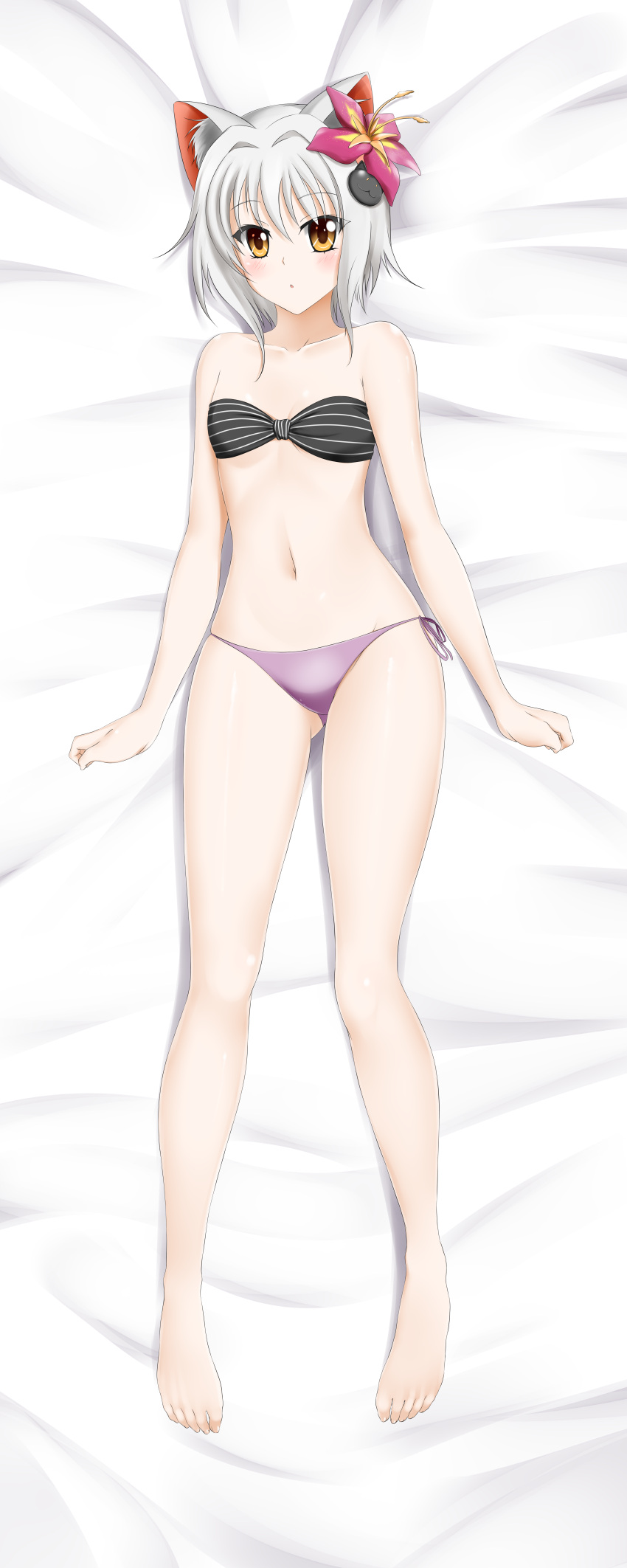 1girl absurdres alfred_cullado animal_ears barefoot bed_sheet bikini black_bikini blush breasts brown_eyes cat_ears cat_hair_ornament cleavage collarbone dakimakura eyebrows_visible_through_hair flower from_above full_body gluteal_fold hair_between_eyes hair_flower hair_ornament high_school_dxd highres incredibly_absurdres looking_at_viewer lying navel on_back on_bed paid_reward patreon_reward purple_bikini_bottom purple_flower short_hair side-tie_bikini silver_hair small_breasts solo strapless strapless_bikini swimsuit toujou_koneko under_boob