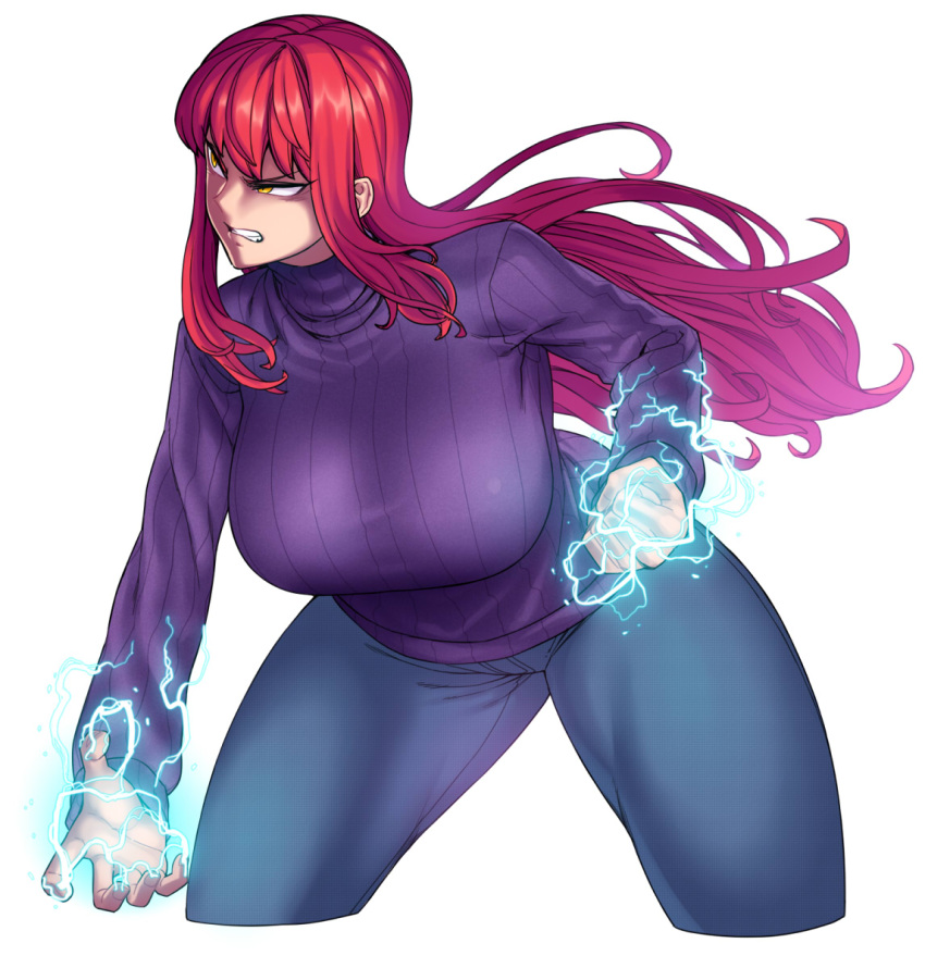 1girl bared_teeth biriri-ane_(space_jin) breasts clenched_hand cropped_legs denim electricity highres huge_breasts jeans leaning_forward long_hair original pants powering_up purple_sweater redhead ribbed_sweater solo space_jin sweater thick_thighs thighs tsurime turtleneck yellow_eyes