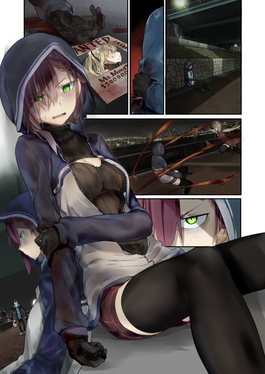 1boy 1girl absurdres araido_kagiri bare_shoulders black_gloves black_legwear black_sweater blonde_hair blood blood_stain braid breasts brown_hair city cleavage cleavage_cutout comic commentary_request dress gloves green_eyes grin hair_over_one_eye highres hood hooded_jacket injury jacket long_sleeves manon_chastel mr.monster_(araido_kagiri) night o_o original outdoors parted_lips partially_unzipped raglan_sleeves red_dress red_eyes red_shorts redhead ribbed_sweater shoes short_hair short_shorts shorts sitting small_breasts smile sweat sweater thigh-highs track_jacket turtleneck turtleneck_sweater v-shaped_eyebrows vampire-chan_(araido_kagiri) wanted