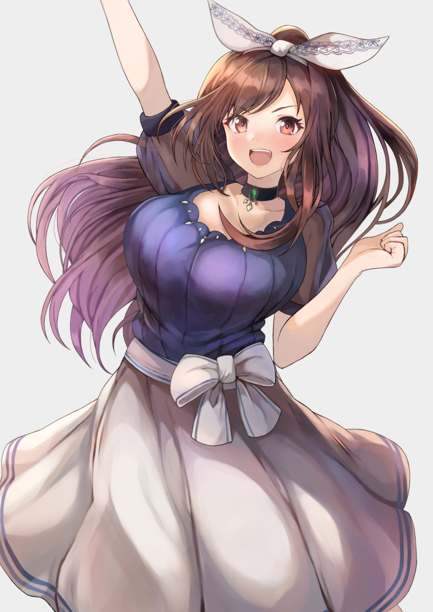 1girl bangs blue_shirt blush bow breasts brown_eyes brown_hair choker highres idolmaster idolmaster_shiny_colors large_breasts long_hair long_skirt looking_at_viewer ohako_(ohako1818) shirt skirt smile solo tsukioka_kogane white_bow white_skirt