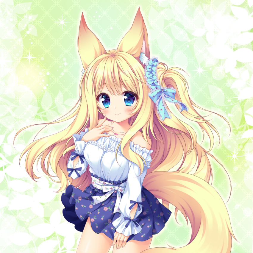 1girl animal_ear_fluff animal_ears bangs bare_shoulders blonde_hair blue_bow blue_eyes blue_scrunchie blue_skirt blush bow breasts closed_mouth collarbone commentary_request eyebrows_visible_through_hair fingernails floral_print green_background hair_between_eyes hair_bow hair_ornament hair_scrunchie hand_up highres long_hair long_sleeves looking_at_viewer off-shoulder_shirt off_shoulder one_side_up print_skirt ryuuka_sane scrunchie shirt skirt sleeves_past_wrists small_breasts smile solo sophia_(wakaba_iro_no_quartet) tail very_long_hair wakaba_iro_no_quartet white_shirt