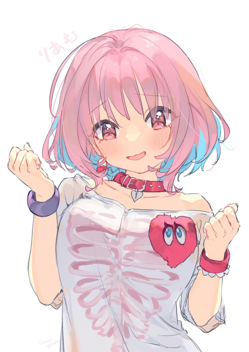 1girl :d bangs blue_hair blush breasts collar collarbone commentary_request earrings eyebrows_visible_through_hair hair_between_eyes hands_up head_tilt heart_collar highres idolmaster idolmaster_cinderella_girls jewelry looking_at_viewer medium_breasts multicolored_hair open_mouth pill pill_earrings pink_hair print_shirt red_collar red_eyes shirt simple_background skeleton_print smile solo t-shirt twitter_username two-tone_hair upper_body white_background white_shirt yumemi_riamu zuho_(vega)