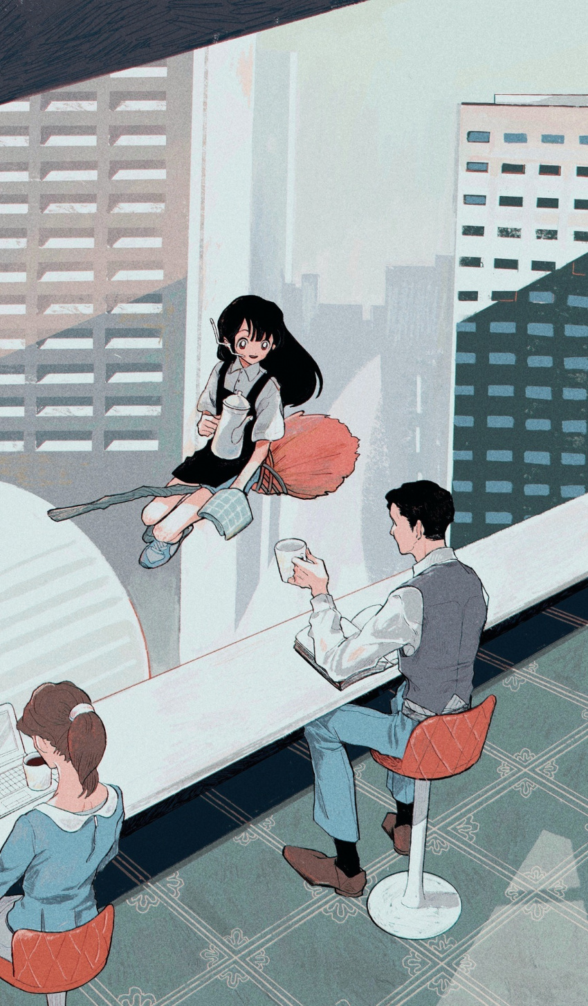 1boy 2girls amiyakinyu bangs black_hair blue_footwear book broom broom_riding brown_footwear brown_hair building computer cup denim highres holding holding_cup jeans laptop long_hair microphone multiple_girls open_book original pants parted_lips ponytail shirt shoes short_hair short_sleeves sitting white_shirt