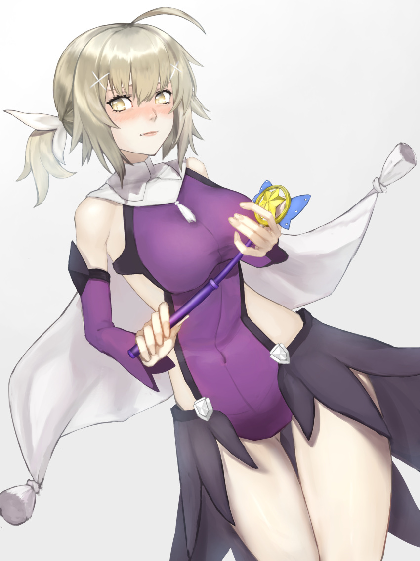 1girl absurdres ahoge aito alternate_costume bare_legs bare_shoulders black_skirt blonde_hair blush breasts cape commentary_request cosplay detached_sleeves fate/grand_order fate_(series) grey_background hair_ornament highres holding holding_staff jeanne_d'arc_(alter)_(fate) jeanne_d'arc_(fate)_(all) large_breasts leotard looking_at_viewer magical_girl miyu_edelfelt miyu_edelfelt_(cosplay) navel ponytail purple_leotard short_hair simple_background skirt solo staff white_cape yellow_eyes