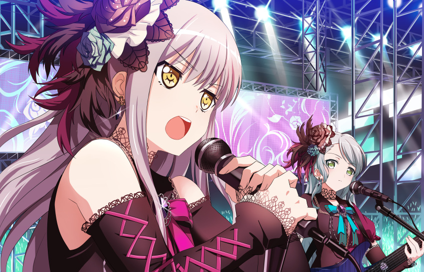 2girls absurdres ashiwara_yuu bang_dream! bangs black_bow blue_bow blue_flower blue_rose bow breasts brown_eyes brown_flower brown_rose brown_shirt brown_sleeves closed_mouth commentary_request detached_sleeves earrings electric_guitar eyebrows_visible_through_hair fingernails flower glint glowstick green_eyes grey_hair guitar hair_between_eyes hair_flower hair_ornament highres hikawa_sayo holding holding_instrument holding_microphone huge_filesize instrument jewelry long_hair long_sleeves looking_away microphone minato_yukina multiple_girls music open_mouth playing_instrument puffy_short_sleeves puffy_sleeves rose roselia_(bang_dream!) round_teeth shirt short_sleeves sleeveless sleeveless_shirt sleeves_past_wrists small_breasts stage stage_lights striped striped_bow teeth upper_body upper_teeth v-shaped_eyebrows