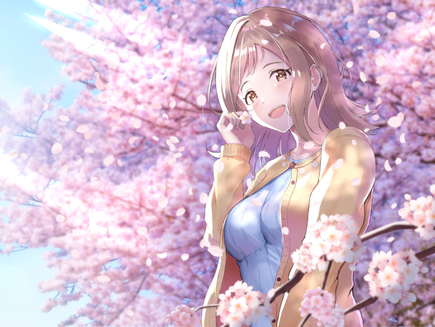 1girl bangs blue_shirt blue_sky blush breasts brown_eyes day eyebrows_visible_through_hair flower holding holding_flower idolmaster idolmaster_shiny_colors irohakaede light_brown_hair long_hair long_sleeves looking_at_viewer medium_breasts open_mouth outdoors partially_unbuttoned petals sakuragi_mano shirt sky smile solo sunlight tree upper_body wind yellow_cardigan