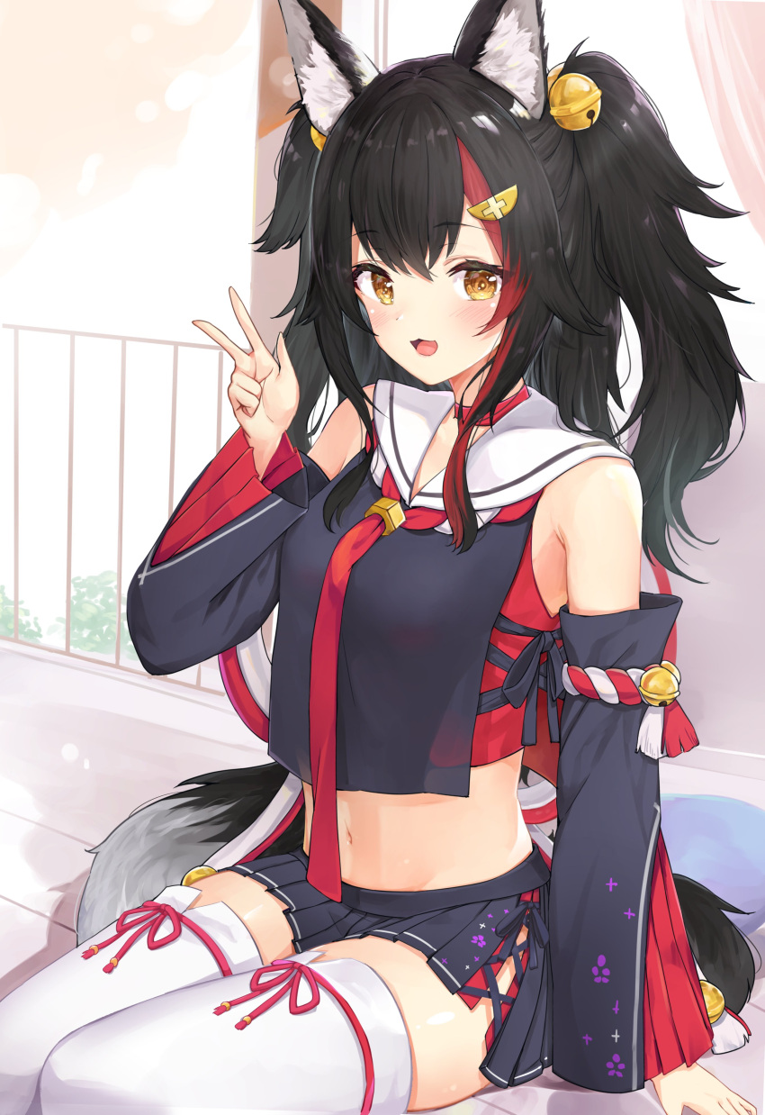 1girl :3 :d absurdres animal_ear_fluff animal_ears arm_support bare_shoulders bell black_hair black_skirt blush brown_eyes commentary_request crop_top detached_sleeves hair_ornament hairclip hand_up highres hololive jingle_bell long_hair looking_at_viewer midriff miniskirt multicolored_hair navel ookami_mio open_mouth pleated_skirt racchi. redhead skirt smile solo stomach tail thigh-highs two-tone_hair two_side_up v virtual_youtuber white_legwear wolf_ears wolf_tail zettai_ryouiki