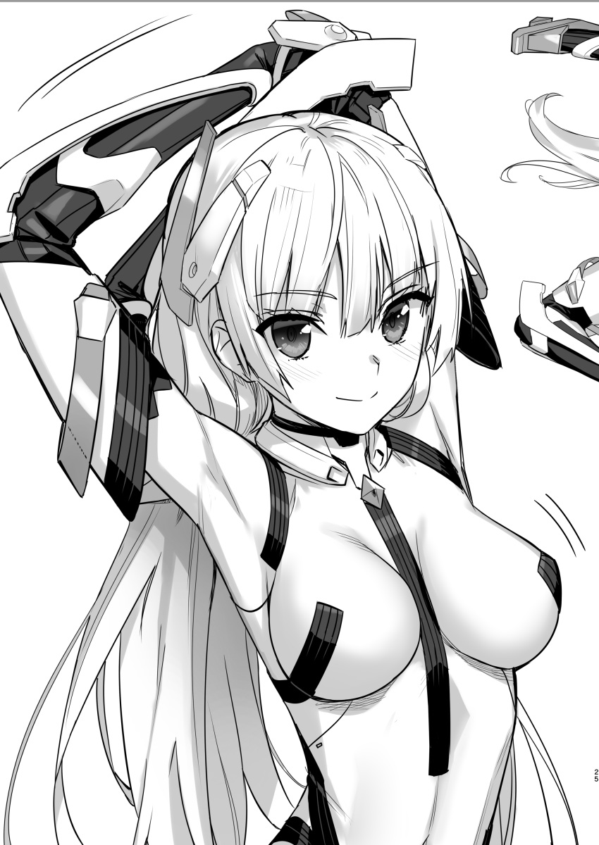 1girl absurdres angela_balzac armpits arms_up blush bodysuit breasts closed_mouth covered_navel elbow_gloves eyebrows_visible_through_hair gloves greyscale hair_between_eyes headgear highres impossible_bodysuit impossible_clothes kawakami_rokkaku long_hair low_twintails medium_breasts monochrome pilot_suit rakuen_tsuihou smile twintails