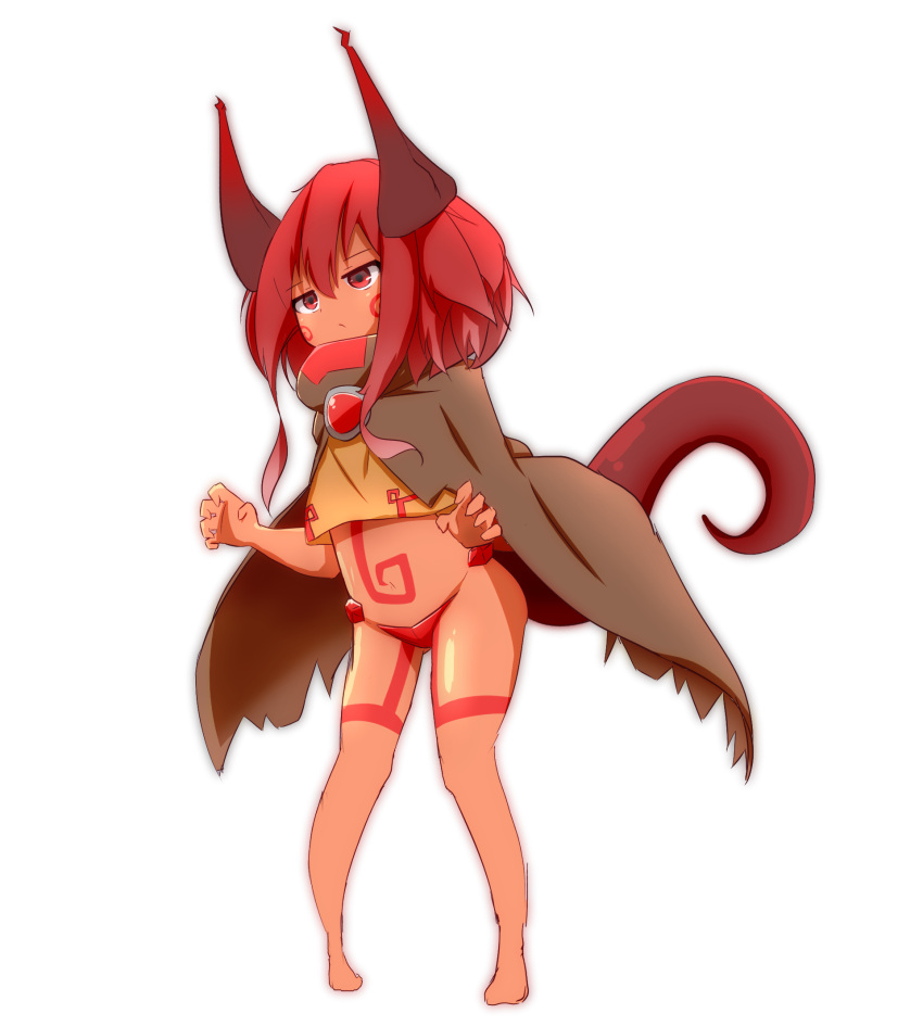 1girl bangs bare_legs barefoot brown_cloak cloak closed_mouth commentary_request dark_skin dragon_girl dragon_horns dragon_tail eyebrows_visible_through_hair facial_mark full_body hair_between_eyes highres horns idaten93 long_hair monster_girl original red_eyes redhead simple_background sketch solo standing strapless_bottom tail tail_raised white_background