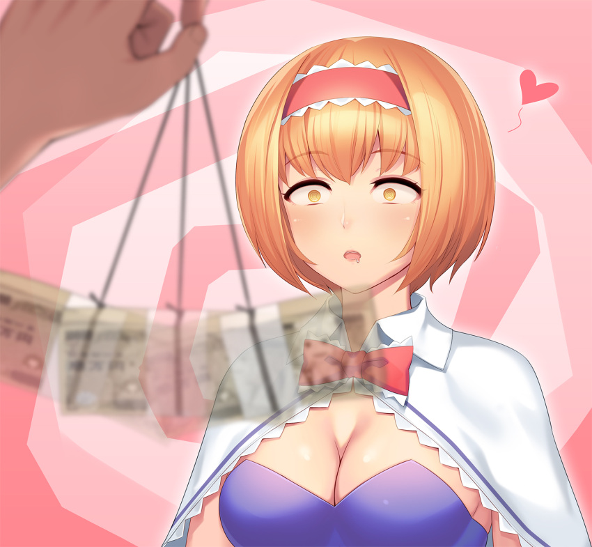 1girl @_@ alice_margatroid bangs blonde_hair blue_dress bob_cut bow bowtie breasts capelet cleavage commentary_request constricted_pupils dress drooling eyebrows_visible_through_hair hairband heart highres holding hypnosis medium_breasts mind_control money open_mouth pink_background pink_bow pink_hairband pink_neckwear short_hair solo_focus strapless strapless_dress swirl tarmo touhou upper_body white_capelet yellow_eyes