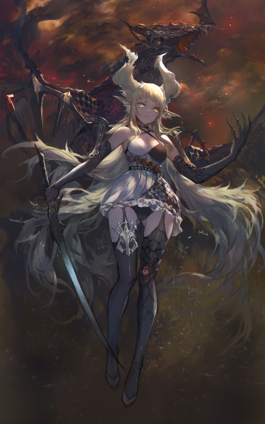 1girl animal_ears bare_shoulders belt black_gloves black_legwear blonde_hair breasts choker claws cleavage dragon dragon_nest dress elbow_gloves full_body garter_straps gloves highres holding holding_sword holding_weapon horns long_hair scale_armor slit_pupils solo swd3e2 sword thigh-highs very_long_hair weapon yellow_eyes