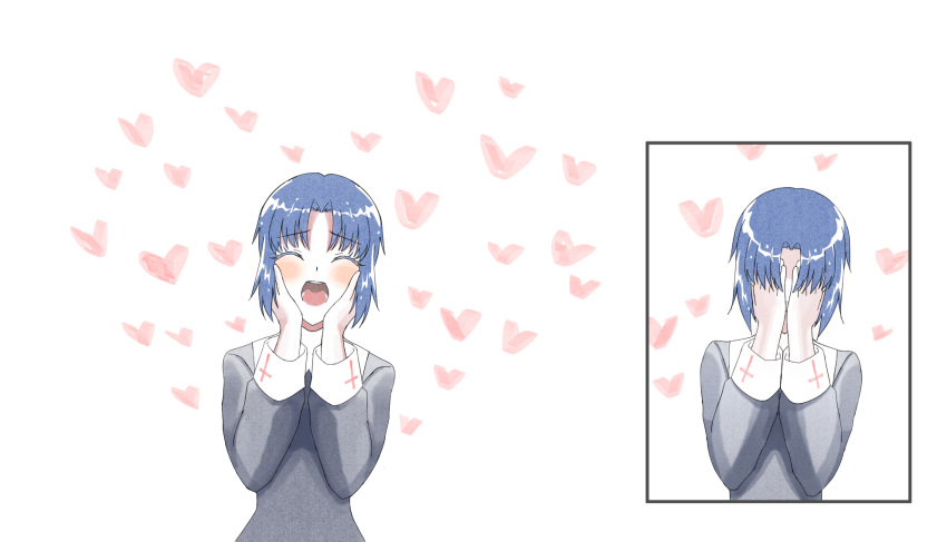 1girl axia-chan blue_hair blush ciel closed_eyes covering_eyes crossed_arms habit hands_on_own_cheeks hands_on_own_face heart highres open_mouth short_hair solo teeth tongue tsukihime white_background
