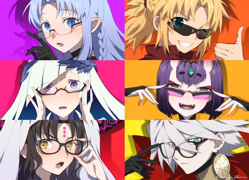 adjusting_eyewear black_hair blonde_hair blue_eyes blue_hair braid brynhildr_(fate) caster earrings eyebrows_visible_through_hair face facial_mark fangs fate/grand_order fate_(series) forehead_mark glasses grin heterochromia jewelry karna_(fate) looking_at_viewer meiji_ken mordred_(fate) mordred_(fate)_(all) open_mouth pointy_ears semi-rimless_eyewear sesshouin_kiara shuten_douji_(fate/grand_order) side_braid signature smile sunglasses thumbs_up violet_eyes wavy_hair white_hair yellow_eyes
