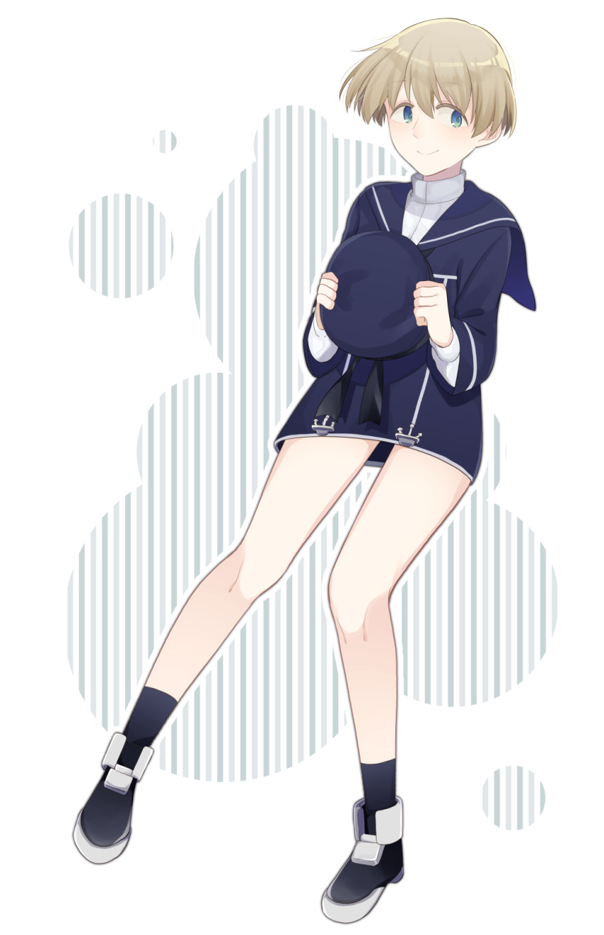 1girl anchor black_legwear blue_dress blue_eyes blue_headwear dress full_body hat hat_removed headwear_removed highres kantai_collection looking_at_viewer sailor_dress sailor_hat short_hair silver_hair smile socks solo striped striped_background tanaka_io_(craftstudio) white_background z1_leberecht_maass_(kantai_collection)
