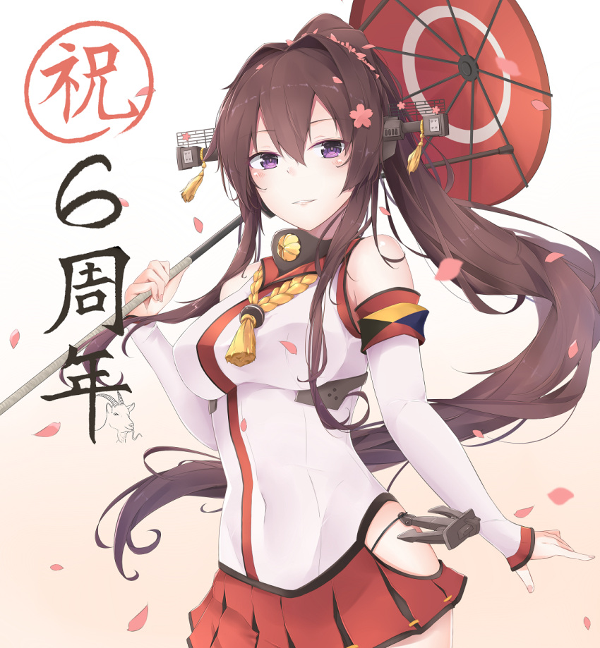1girl anchor bangs bare_shoulders blush breasts brown_eyes brown_hair cherry_blossoms detached_sleeves eyebrows_visible_through_hair flower hair_flower hair_ornament headgear highres hip_vent holding holding_umbrella jenson_tw kantai_collection large_breasts long_hair looking_at_viewer oriental_umbrella petals ponytail sidelocks skirt smile solo thigh-highs umbrella very_long_hair yamato_(kantai_collection)