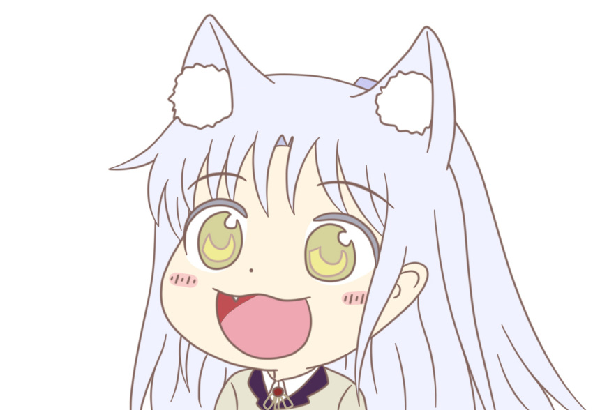 1girl :d angel_beats! animal_ears bangs blush cat_ears commentary commentary_request cowlick ears eyebrows_visible_through_hair fang from_side gyate_gyate hair_ornament hairclip jacket key_(company) long_hair looking_to_the_side neck_ribbon open_eyes open_mouth ribbon school_uniform shirt silver_hair simple_background smile solo taeminhyeon tachibana_kanade upper_body white_background white_shirt yellow_eyes