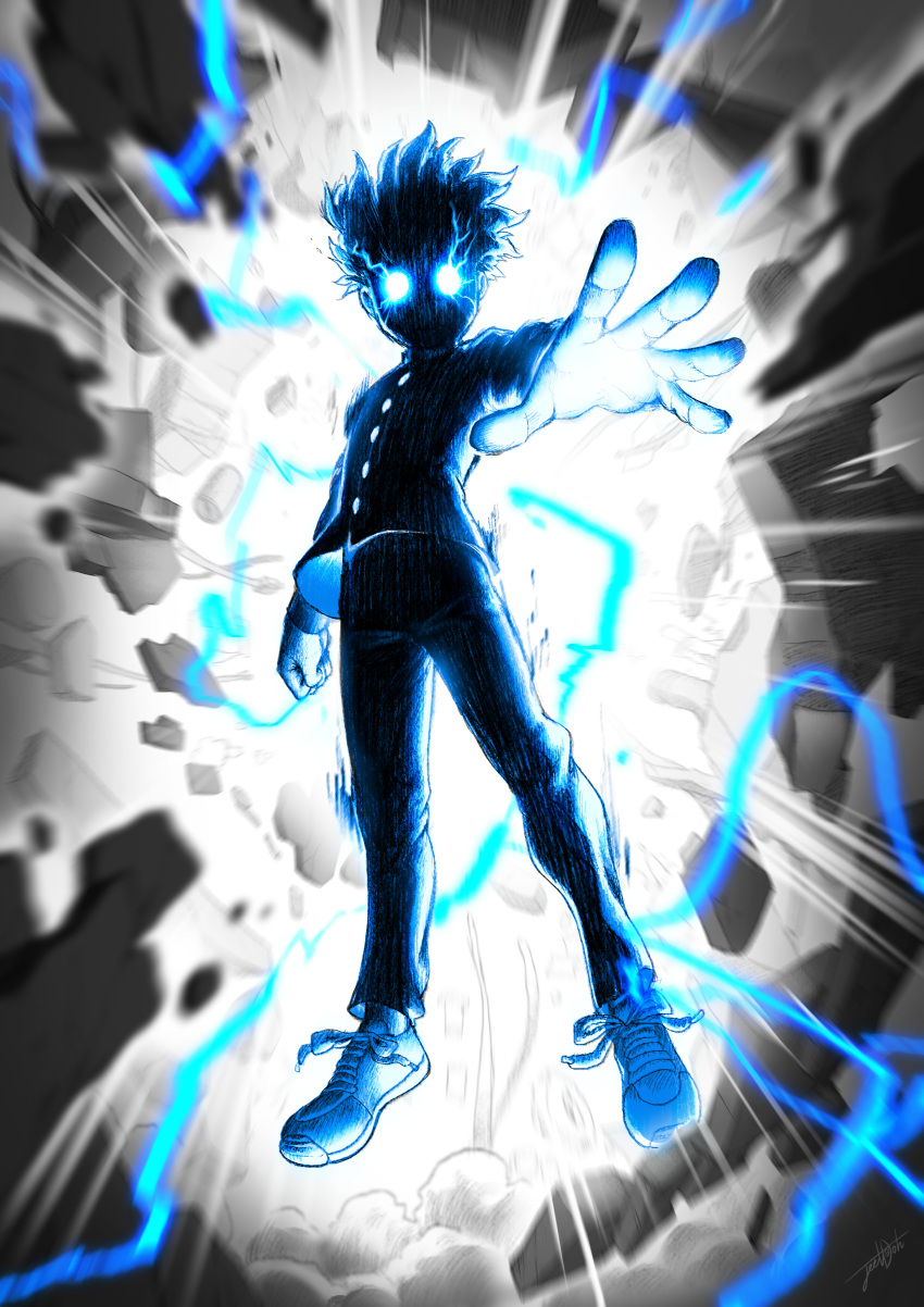 1boy absurdres aiming_at_viewer backlighting clenched_hand commentary english_commentary esper full_body gakuran glowing glowing_eyes highres jeetdoh kageyama_shigeo male_focus mob_psycho_100 motion_blur no_pupils outstretched_arm pants powering_up school_uniform shaded_face shoes sneakers solo speed_lines spiky_hair spot_color