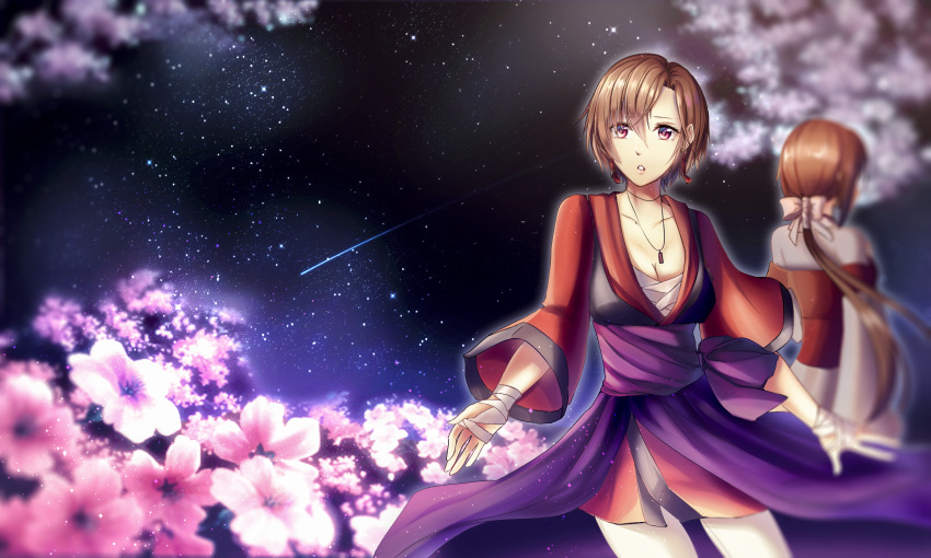 2girls bandage bandaged_hands bandages bow breasts brown_eyes brown_hair cape cleavage collarbone cowboy_shot floating_hair flower hair_between_eyes hair_bow highres japanese_clothes jewelry kimono long_hair long_sleeves looking_at_viewer medium_breasts meiko multiple_girls necklace night night_sky parted_lips pink_flower purple_cape shiny shiny_hair short_hair short_kimono sky standing star_(sky) starry_sky very_long_hair vocaloid waist_cape white_bow yen-mi