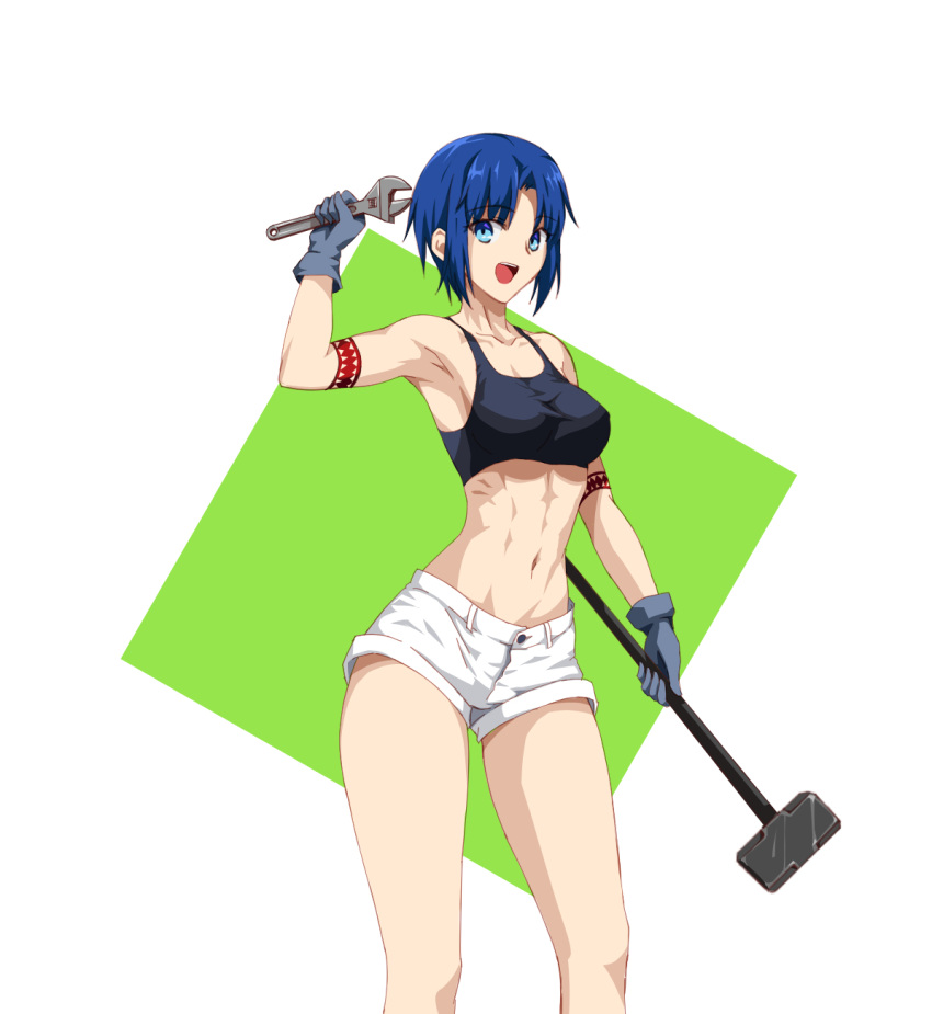 1girl abs adjustable_wrench armpits axia-chan blue_eyes blue_gloves blue_hair breasts ciel gloves hammer highres legs medium_breasts navel short_hair smile solo tattoo tsukihime white_background wrench