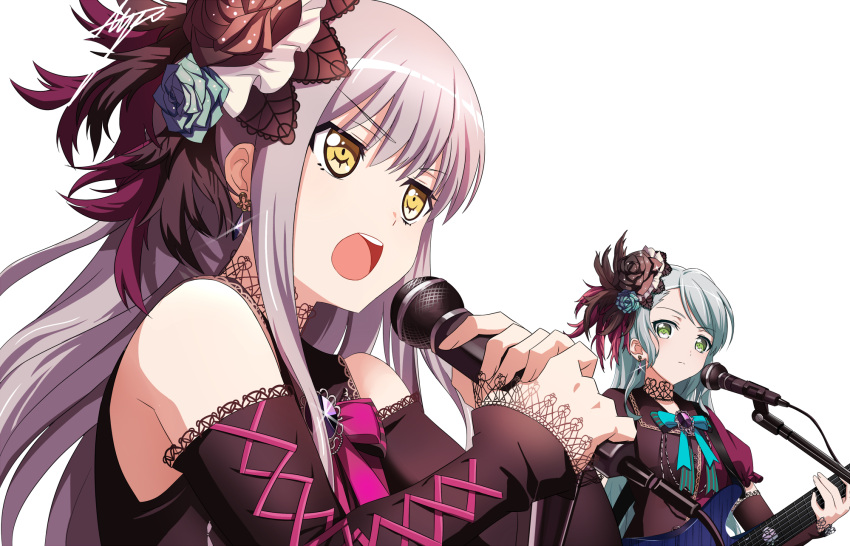 2girls ashiwara_yuu bang_dream! bangs black_bow blue_bow blue_flower blue_rose bow breasts brown_eyes brown_flower brown_rose brown_shirt brown_sleeves closed_mouth detached_sleeves earrings electric_guitar eyebrows_visible_through_hair fingernails flower glint green_eyes grey_hair guitar hair_between_eyes hair_flower hair_ornament highres hikawa_sayo holding holding_instrument holding_microphone instrument jewelry long_hair long_sleeves looking_away microphone minato_yukina multiple_girls music open_mouth playing_instrument puffy_short_sleeves puffy_sleeves rose roselia_(bang_dream!) round_teeth shirt short_sleeves simple_background sleeveless sleeveless_shirt sleeves_past_wrists small_breasts striped striped_bow teeth upper_body upper_teeth v-shaped_eyebrows white_background