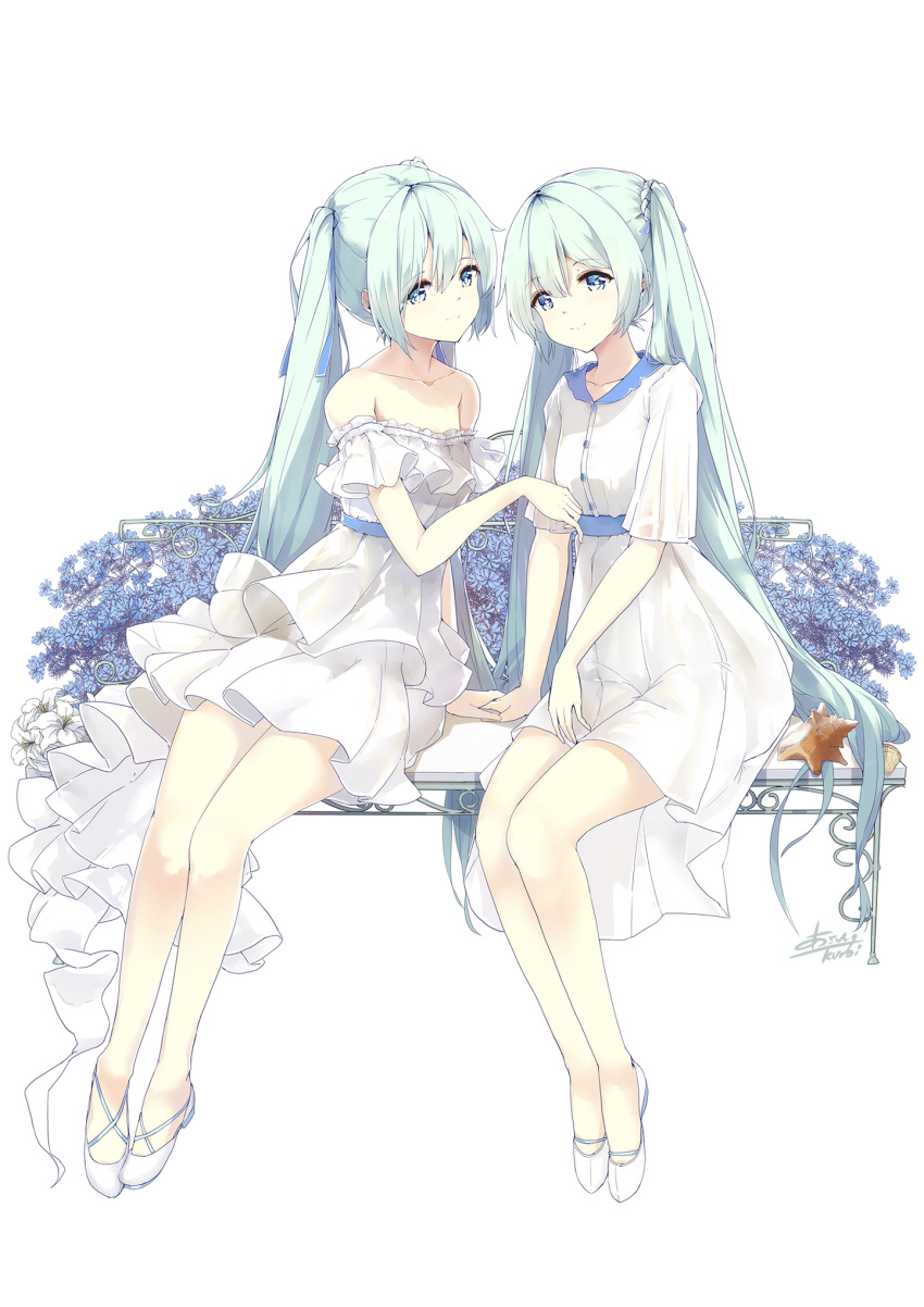 2girls bench blue_eyes blue_hair collarbone dress dual_persona eyebrows_visible_through_hair full_body hair_between_eyes hatsune_miku highres k.syo.e+ layered_dress long_hair multiple_girls pleated_dress pumps short_dress signature simple_background sitting smile striped striped_dress twintails very_long_hair vocaloid white_background white_dress white_footwear