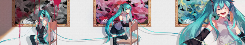 3girls absurdres aqua_eyes aqua_hair bare_shoulders blush chair clone closed_eyes commentary danjou_sora detached_sleeves english_commentary eyebrows_visible_through_hair feet_out_of_frame hair_ornament hatsune_miku headphones headset highres leg_up long_hair long_image multiple_girls nail_polish necktie one_knee painting_(object) shirt sitting sleeveless sleeveless_shirt smile thigh-highs thread twintails upper_body very_long_hair vocaloid white_background wide_image zettai_ryouiki
