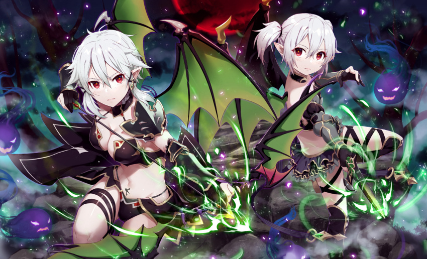 2girls arrow bangs bare_shoulders bare_tree black_gloves black_legwear black_skirt blush bow_(weapon) breasts character_request cleavage closed_mouth clouds cloudy_sky commentary_request demon_wings eyebrows_visible_through_hair full_moon gabiran gloves glowing green_wings groin hair_between_eyes holding holding_arrow holding_bow_(weapon) holding_sword holding_weapon long_hair looking_at_viewer medium_breasts moon multiple_girls navel night night_sky outdoors partly_fingerless_gloves pauldrons pleated_skirt pointy_ears red_eyes red_moon side_ponytail silver_hair skirt sky sword sword_art_online thigh-highs tree v-shaped_eyebrows weapon wings