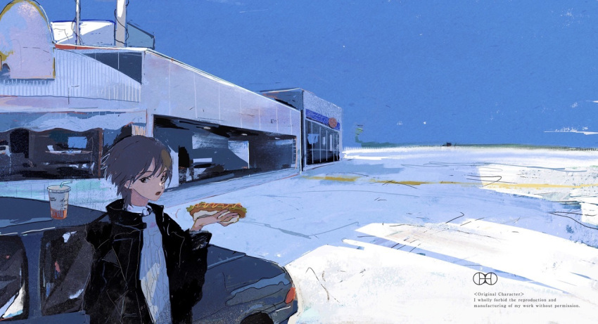 1boy amiyakinyu bangs blue_sky brown_hair building car cup drink drinking_straw food ground_vehicle holding holding_food hot_dog long_sleeves motor_vehicle mustard open_mouth original outdoors shadow short_hair sky solo upper_body wide_shot