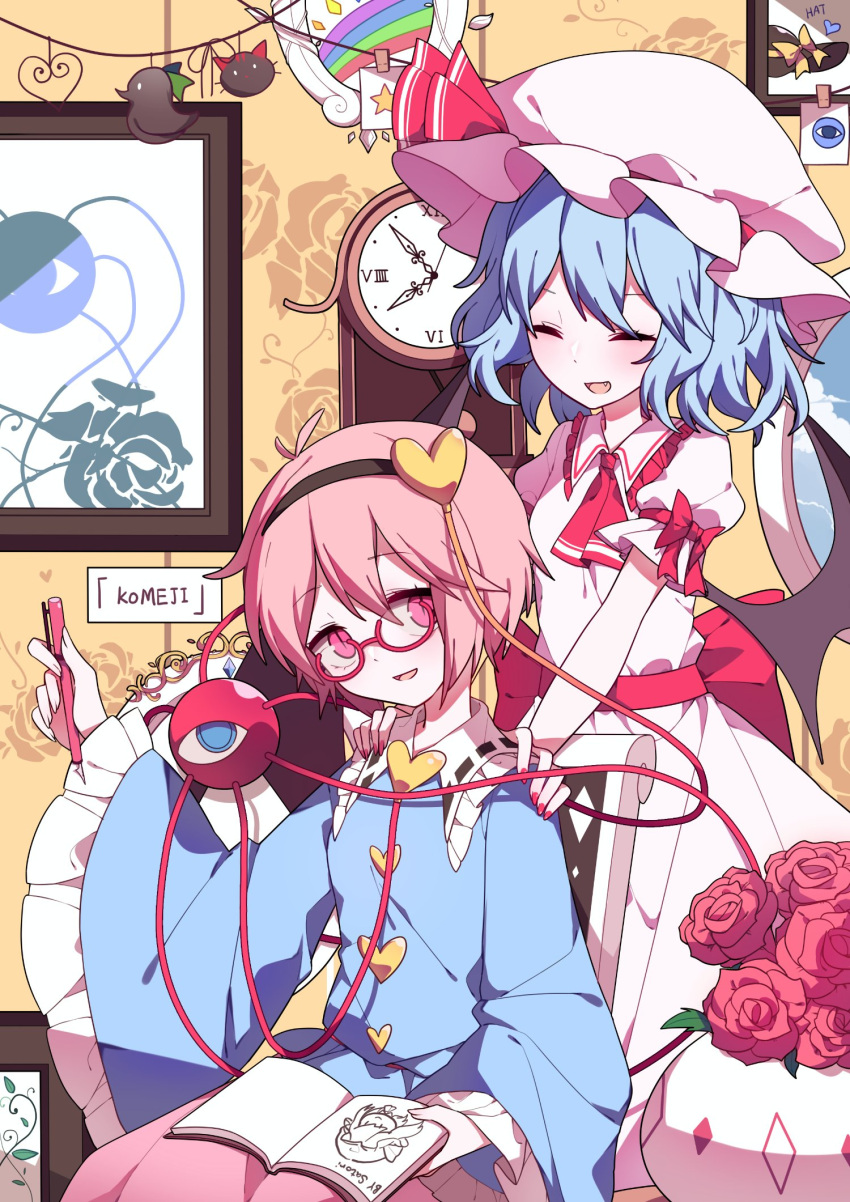 2girls :d ^_^ artist_request ascot bangs bat_wings bespectacled black_hairband blue_hair blue_shirt blush book chair clock closed_eyes closed_eyes eyebrows_visible_through_hair fang feet_out_of_frame floral_print flower frilled_shirt_collar frilled_sleeves frills glasses hair_between_eyes hair_ornament hairband hand_up hands_on_another's_shoulders hat hat_ribbon head_tilt heart heart_hair_ornament highres holding holding_book holding_pen indoors kaenbyou_rin kaenbyou_rin_(cat) komeiji_satori long_sleeves looking_at_viewer mob_cap multiple_girls nail_polish open_mouth pen picture_frame pink_eyes pink_hair pink_skirt pot puffy_short_sleeves puffy_sleeves red-framed_eyewear red_flower red_nails red_neckwear red_ribbon red_rose red_sash reiuji_utsuho reiuji_utsuho_(bird) remilia_scarlet ribbon ribbon-trimmed_collar ribbon_trim roman_numerals rose sash shirt short_hair short_sleeves sitting skirt smile touhou white_headwear wide_sleeves window wings