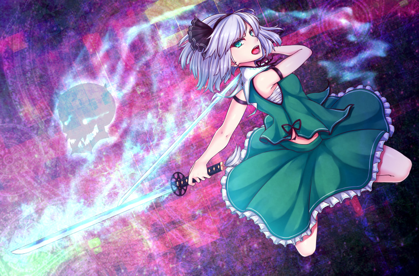 1girl absurdres adapted_costume arm_strap aura bangs bare_arms bare_shoulders black_hairband black_ribbon breasts commentary_request dual_wielding green_eyes green_skirt green_vest hair_ribbon hairband highres hitodama holding holding_sword holding_weapon katana konpaku_youmu konpaku_youmu_(ghost) looking_at_viewer midriff_peek open_mouth petticoat ribbon sarashi short_hair silver_hair skirt skirt_set small_breasts solo sword touhou vest weapon zeramu