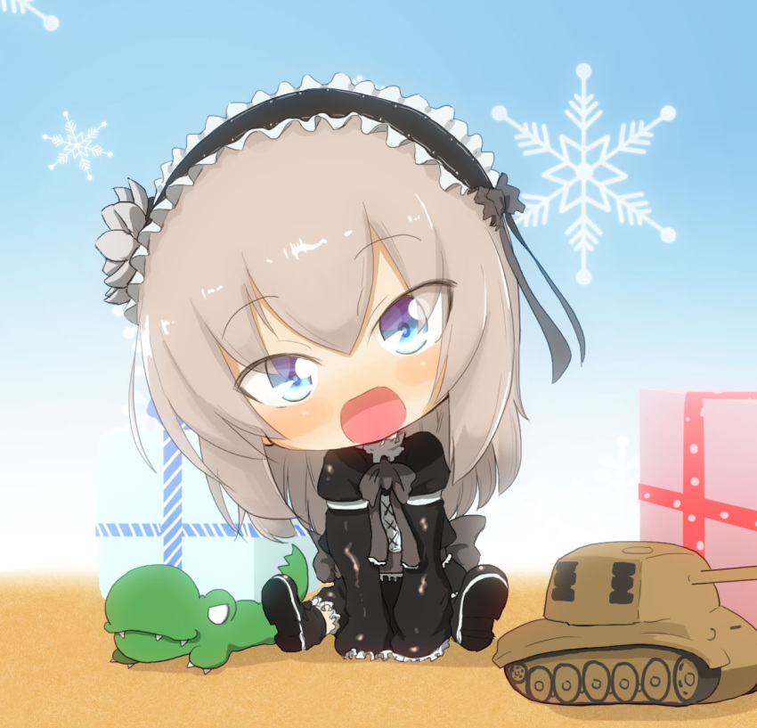 1girl :d alligator arm_support bangs black_dress black_footwear black_hairband black_neckwear blue_eyes blush_stickers boots bow bowtie child commentary crocodilian dress eyebrows_visible_through_hair frilled_dress frills gift girls_und_panzer ground_vehicle hairband head_tilt highres itsumi_erika jinguu_(4839ms) lolita_fashion lolita_hairband long_dress long_hair long_sleeves looking_at_viewer military military_vehicle model_tank motor_vehicle on_ground open_mouth shadow silver_hair sitting sleeves_past_fingers sleeves_past_wrists smile snowflake_background solo stuffed_animal stuffed_toy tank tiger_ii v_arms younger